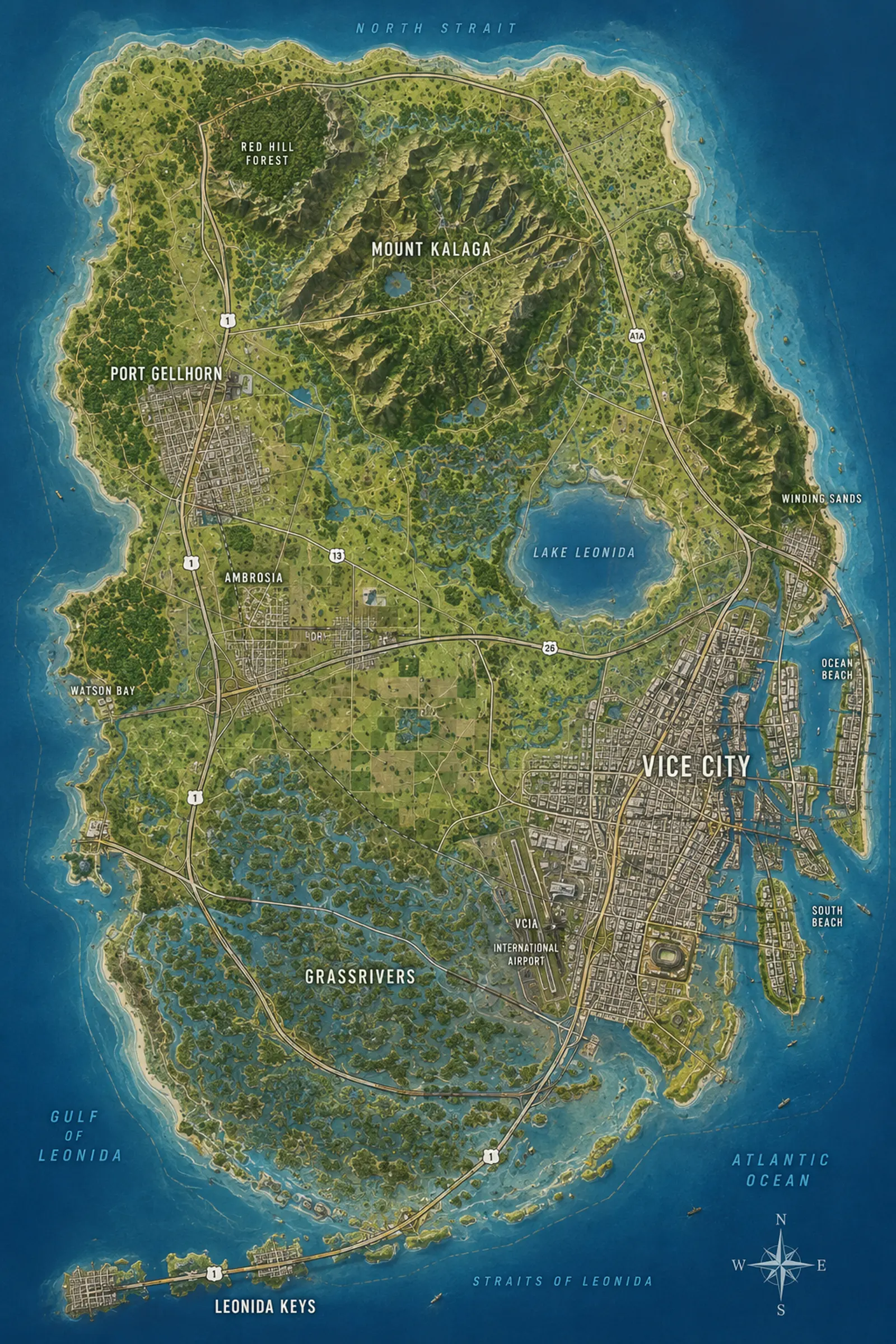 GTA VI map of Leonida — Vice City, Grassrivers, the Keys and the wider state